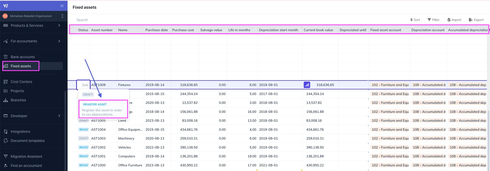 Register the asset in the Fixed Assets page